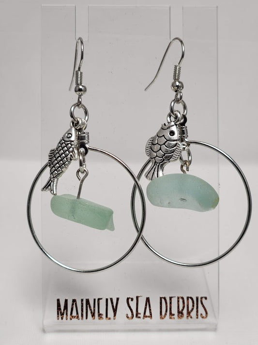 Dangle Hoop Sea Glass Earrings with Charm