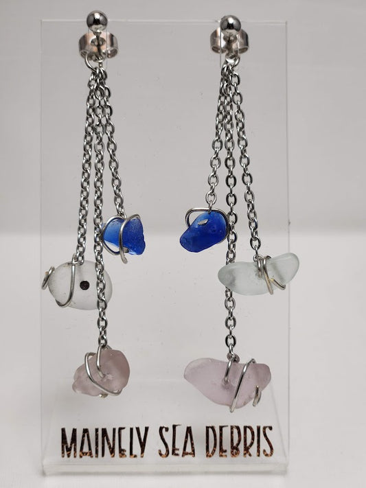 Triple Chain Sea Glass Earrings