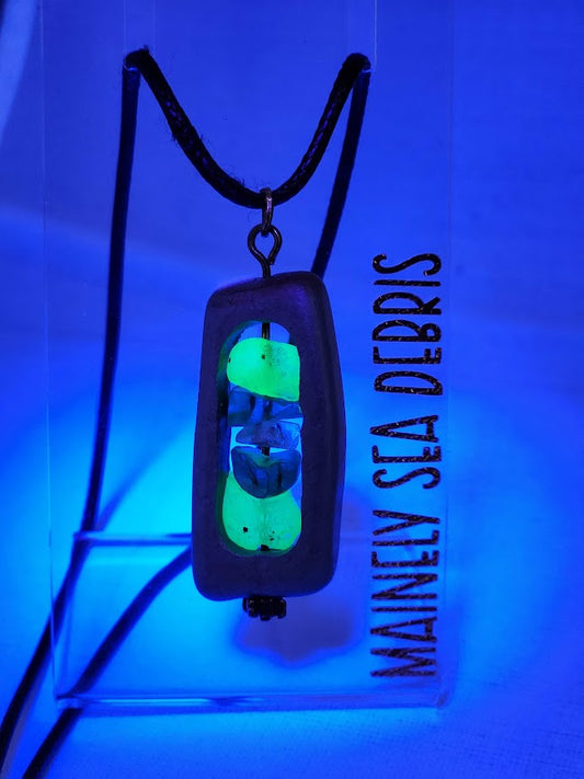 Uranium Sea Glass Set in Drilled Beach Stone Necklace